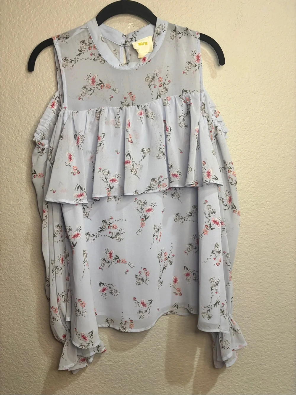 Anthropologie Maeve - Pale Blue Floral Cold-Shoulder Ruffle Blouse